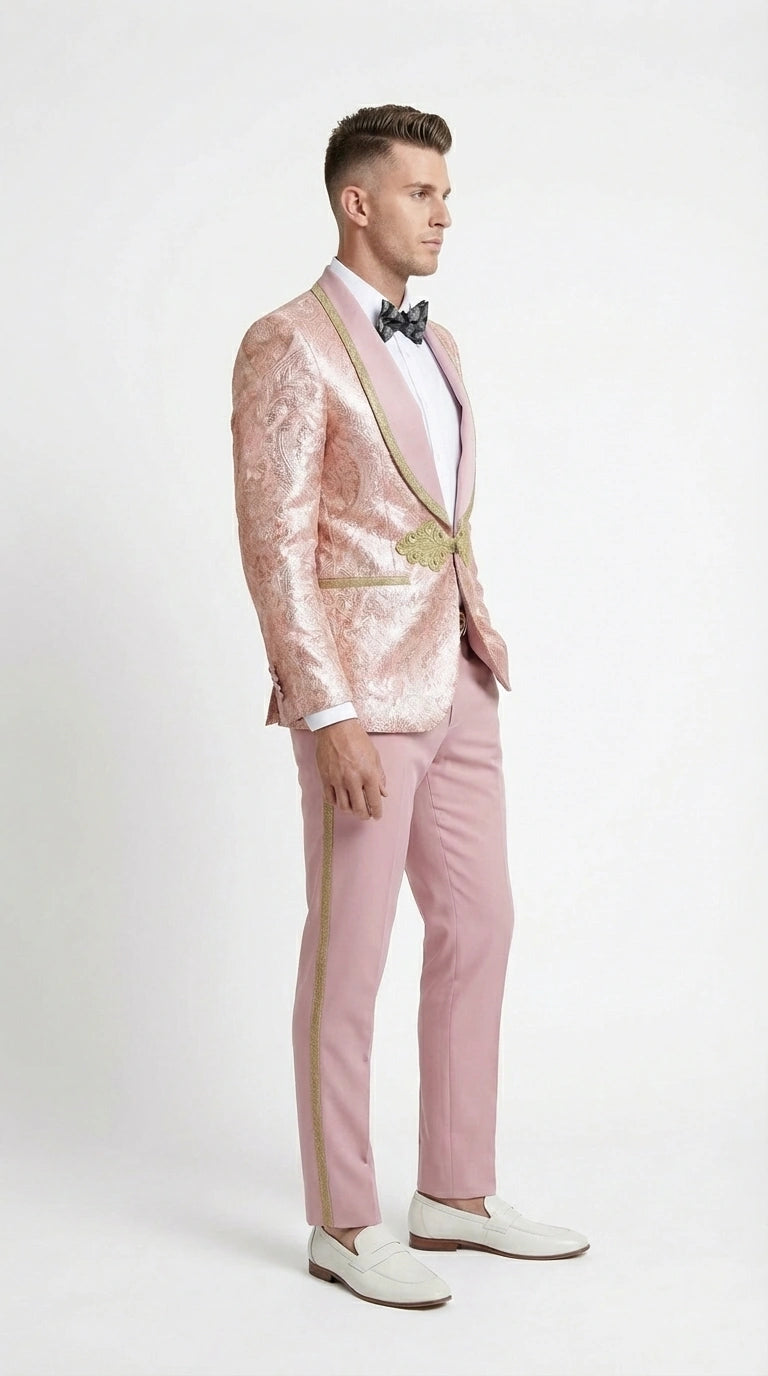 Men’s Rose Gold Pink Prom Tuxedo Suit – Slim Fit Paisley Pattern Formal Tuxedo Suit for Prom, Wedding and Special Events