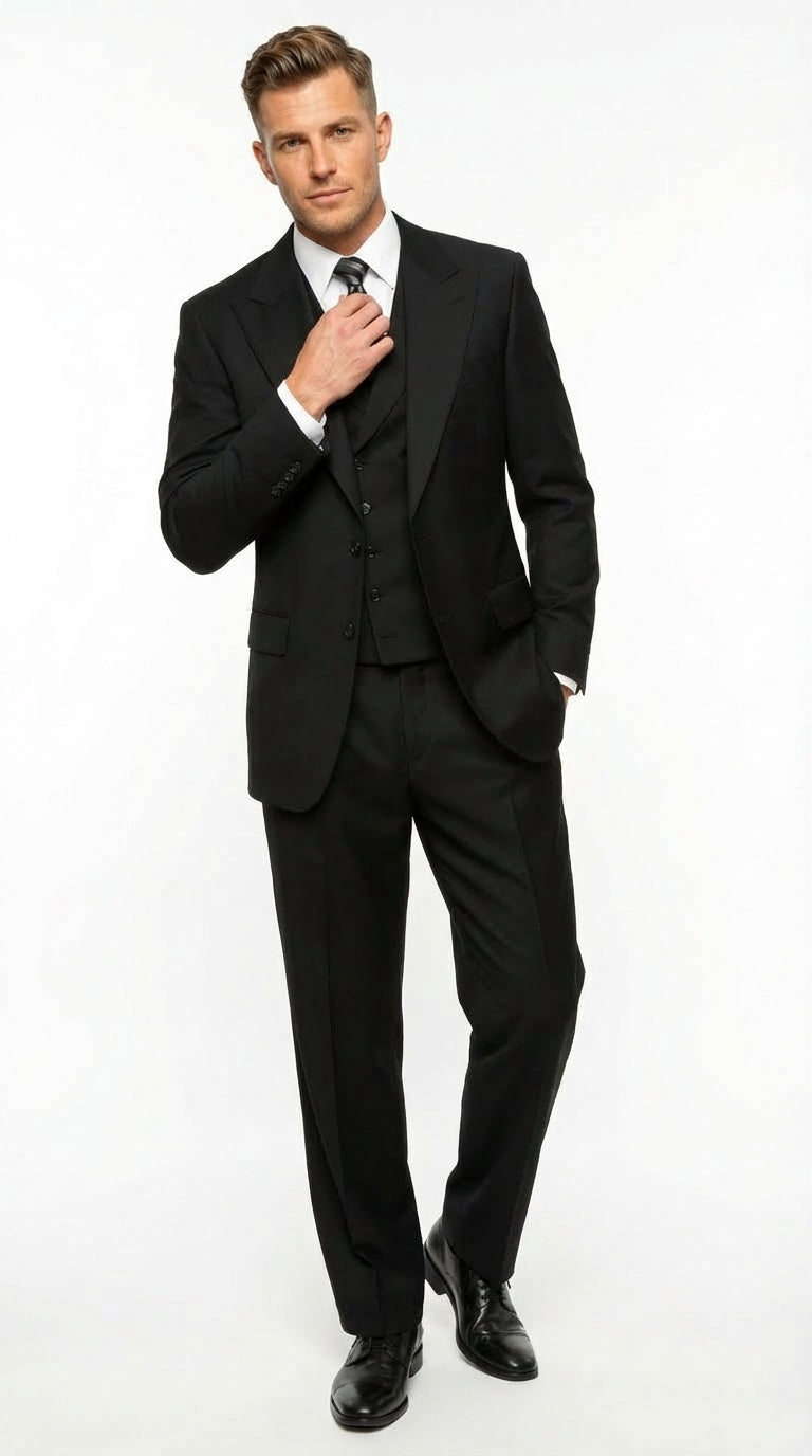 Tiglio Mens Black 3 Piece Suit – Single Button Classic Fit Pleated Wid