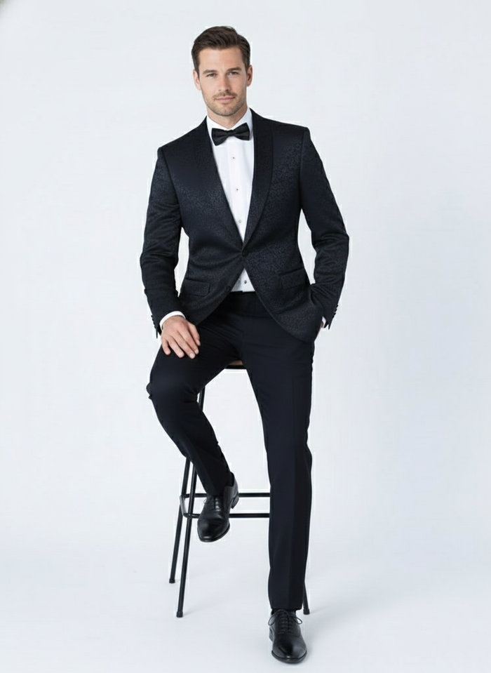 Men’s Black Textured Paisley floral Tuxedo Suit - Premium Slim Fit Formal Wedding, Prom, with Bowtie by USA Men's Outlet