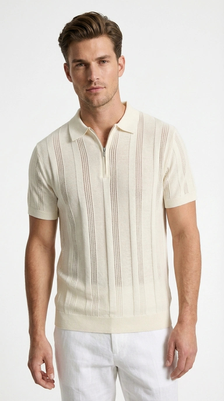 Mens Cream Ivory Off White Knit Walking Suit Set – Lightweight Short Sleeve Shirt and Pants Outfit for Summer, Vacation and Casual Wear