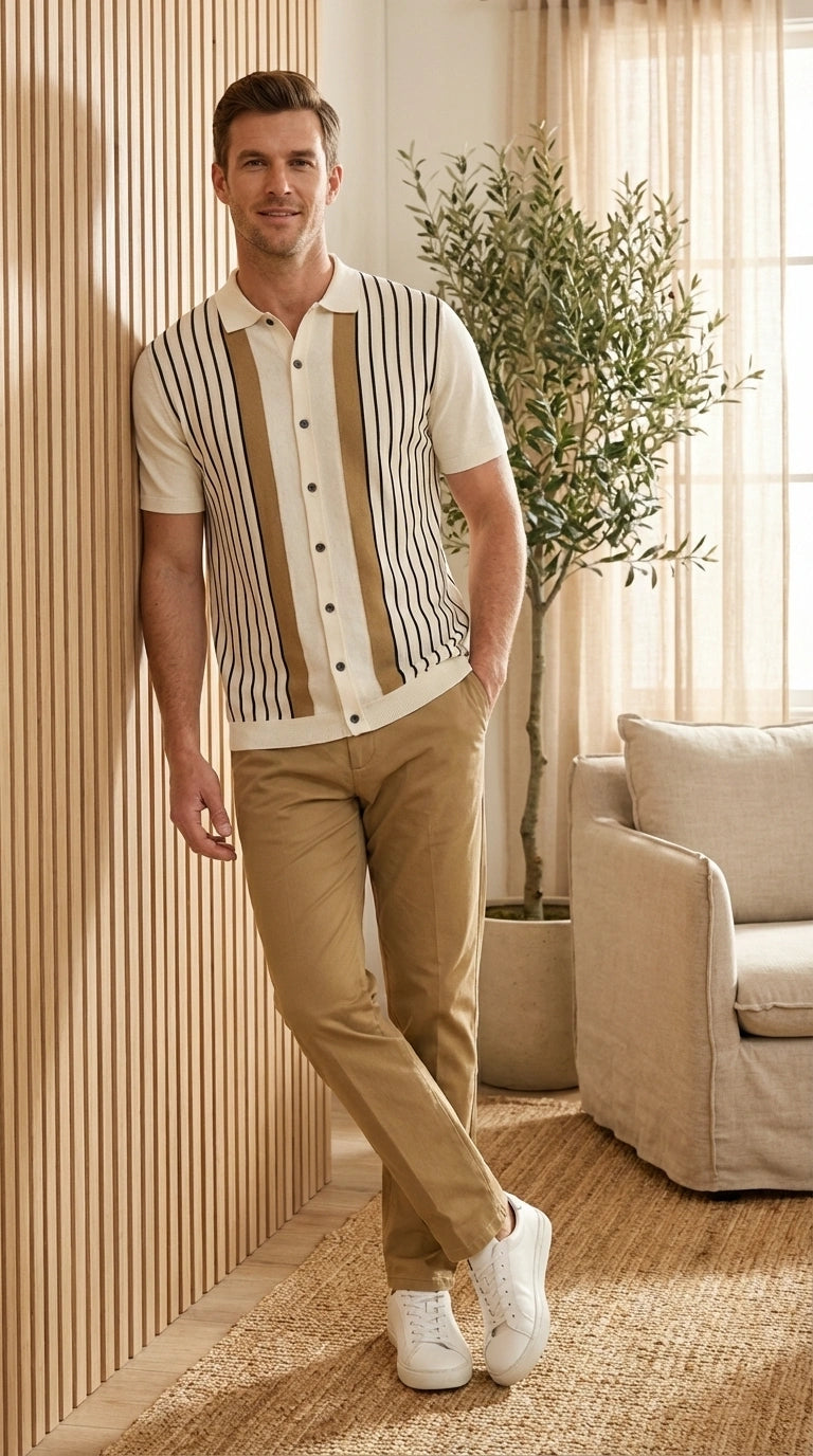 Mens Cream and Tan Striped Walking Suit Set – Casual Summer Short Sleeve Shirt and Pants Outfit for Vacation, Travel and Everyday Wear