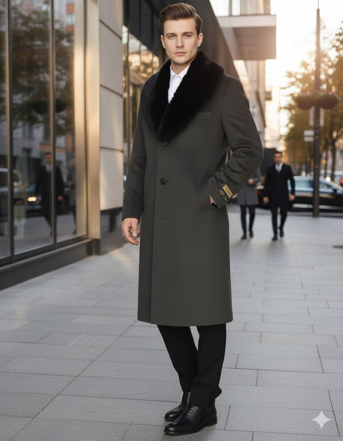 Mens Full Length Olive Overcoat with Black Fur Collar - Luxury Wool Fabric Winter Long Coat in Hunter Green by USA Men's Outlet