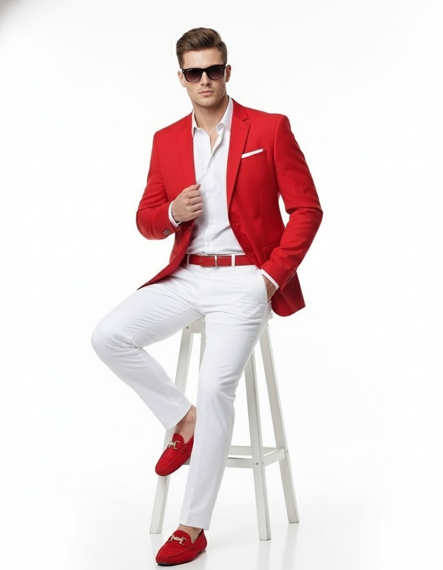 Mens Red Blazer and White Pants Set – Stylish Casual Dress Outfit For New Year Holiday and Christmas Suit
