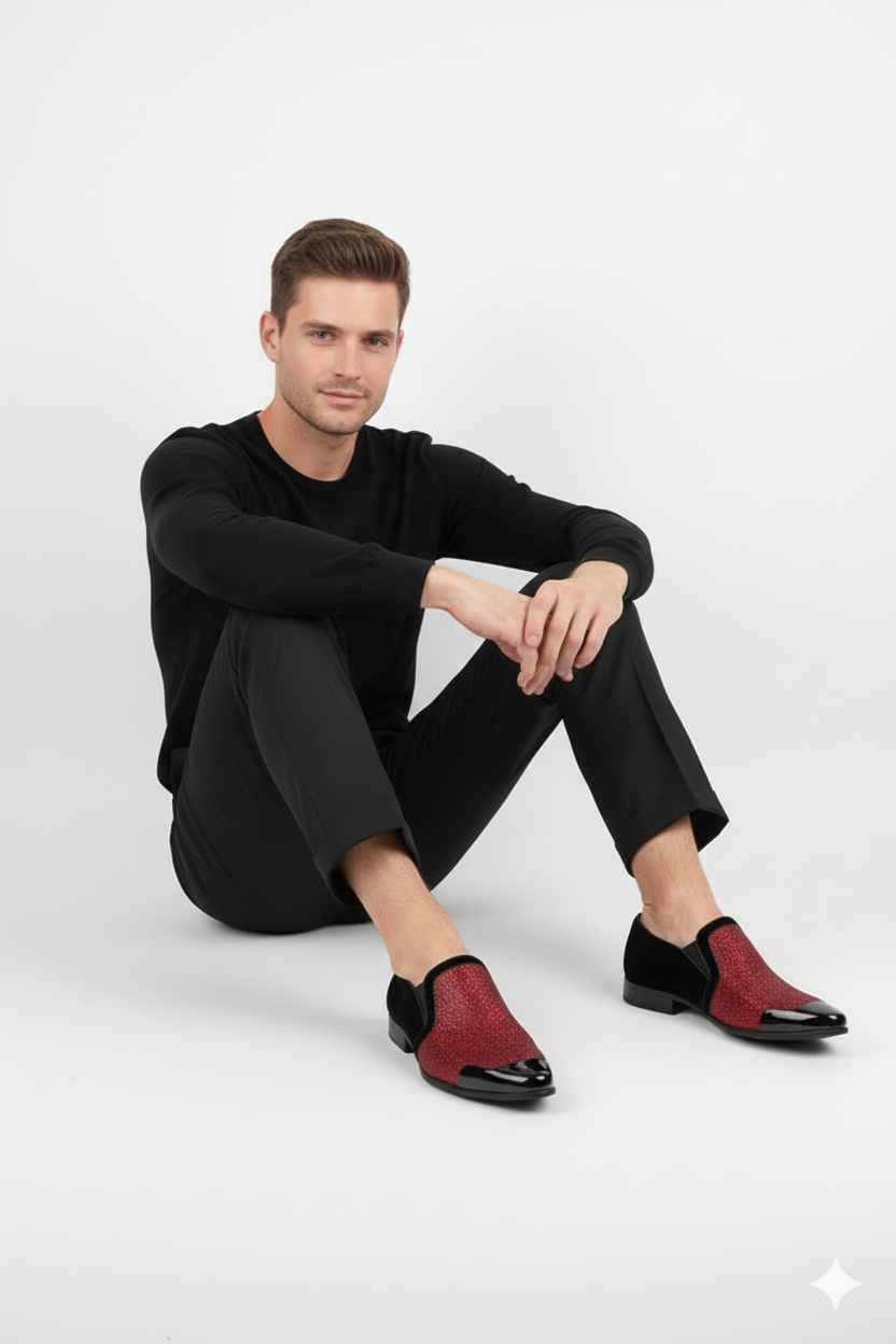 Men’s Red Glitter Tuxedo Loafers - Shiny Slip-On Dress Shoes with Black Patent Toe for Parties and Formal Events - USA Men's Outlet