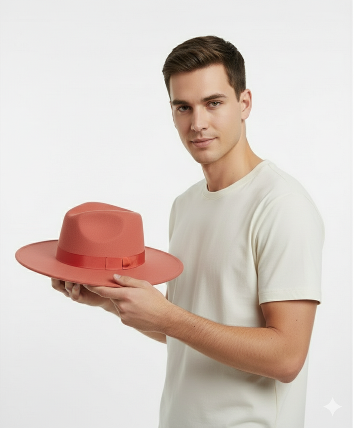 Men’s Coral Pink Wide Brim Fedora Hat - Wool Felt Dress Hat with Red Ribbon Band by USA Men's Outlet