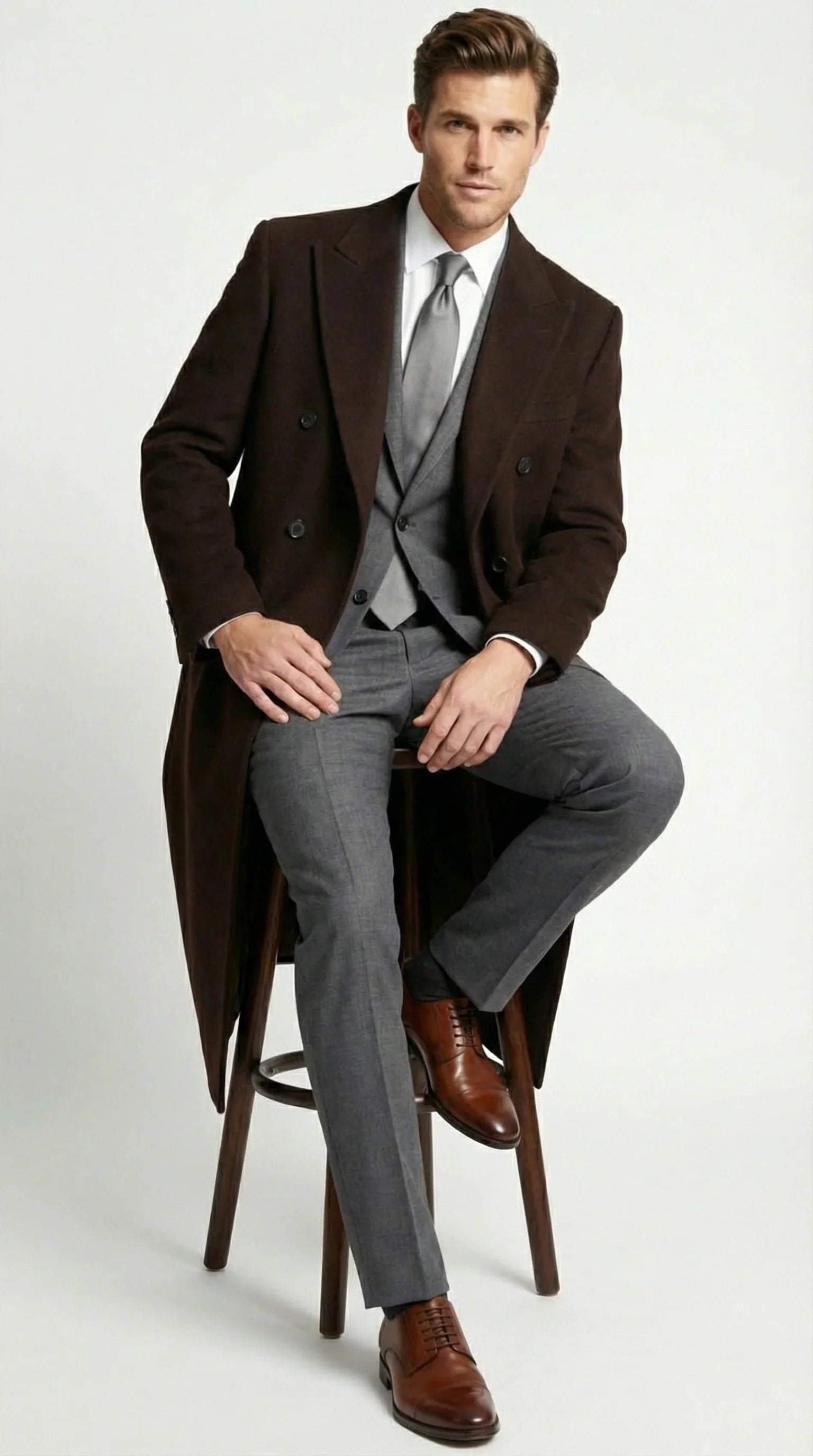 Men’s Brown Long Overcoat – Double Breasted Classic Formal Winter Coat for Business, Topcoat and Cold Weather Wear