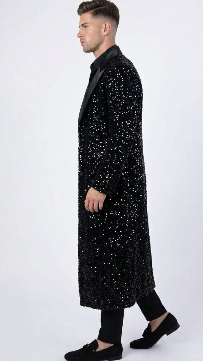 Men’s Black Sequin Long Coat with Satin Shawl Lapel - Luxury Statement Evening Overcoat USA Men's Outlet