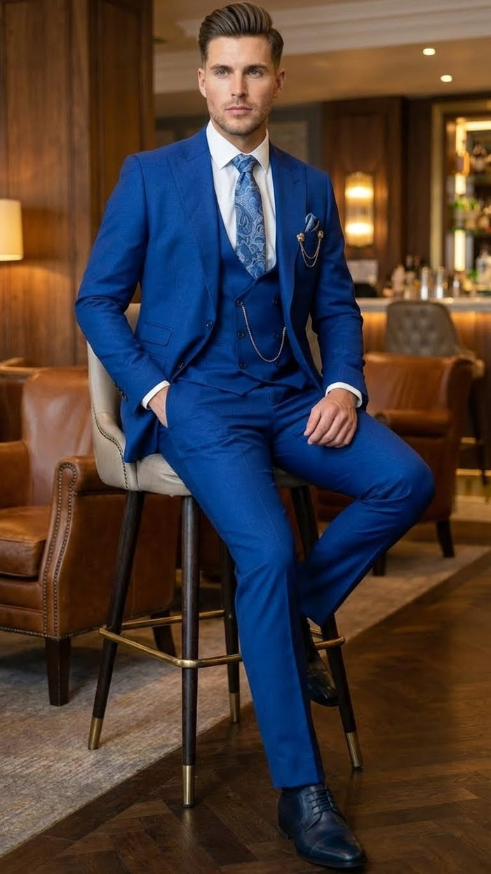 Men’s Royal Blue 3 Piece Suit Set with Vest - Formal Wedding and Party Wear Suit - Saphire Cobalt blue by USA Men's Outlet