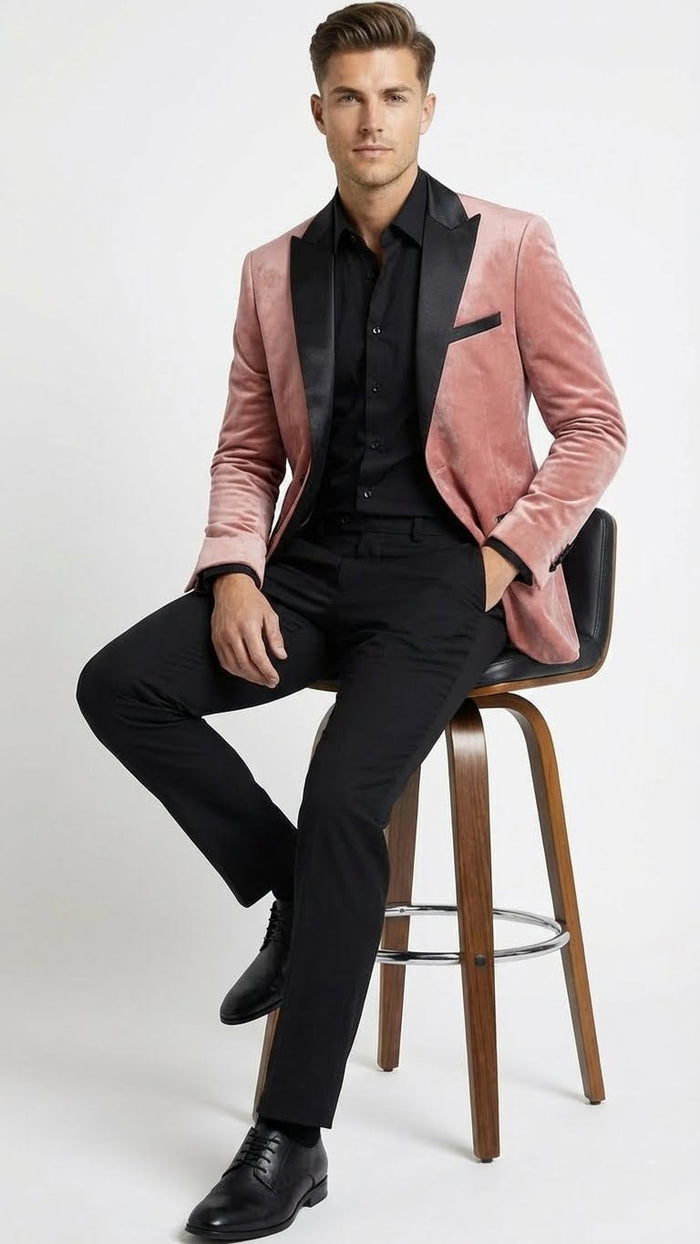 Men’s Dusty Rose Pink Velvet Blazer with Black Satin Lapel - Formal Sport Coat in Mauve Color + Bowtie USA Men's Outlet