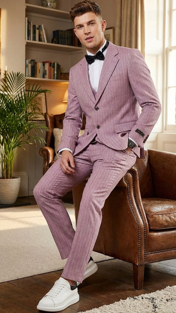 Men’s Dusty Rose Pink Pinstripe Three Piece Suit with Vest - Wedding and Party Formal Wear Prom or Church Suit by USA Men's Outlet