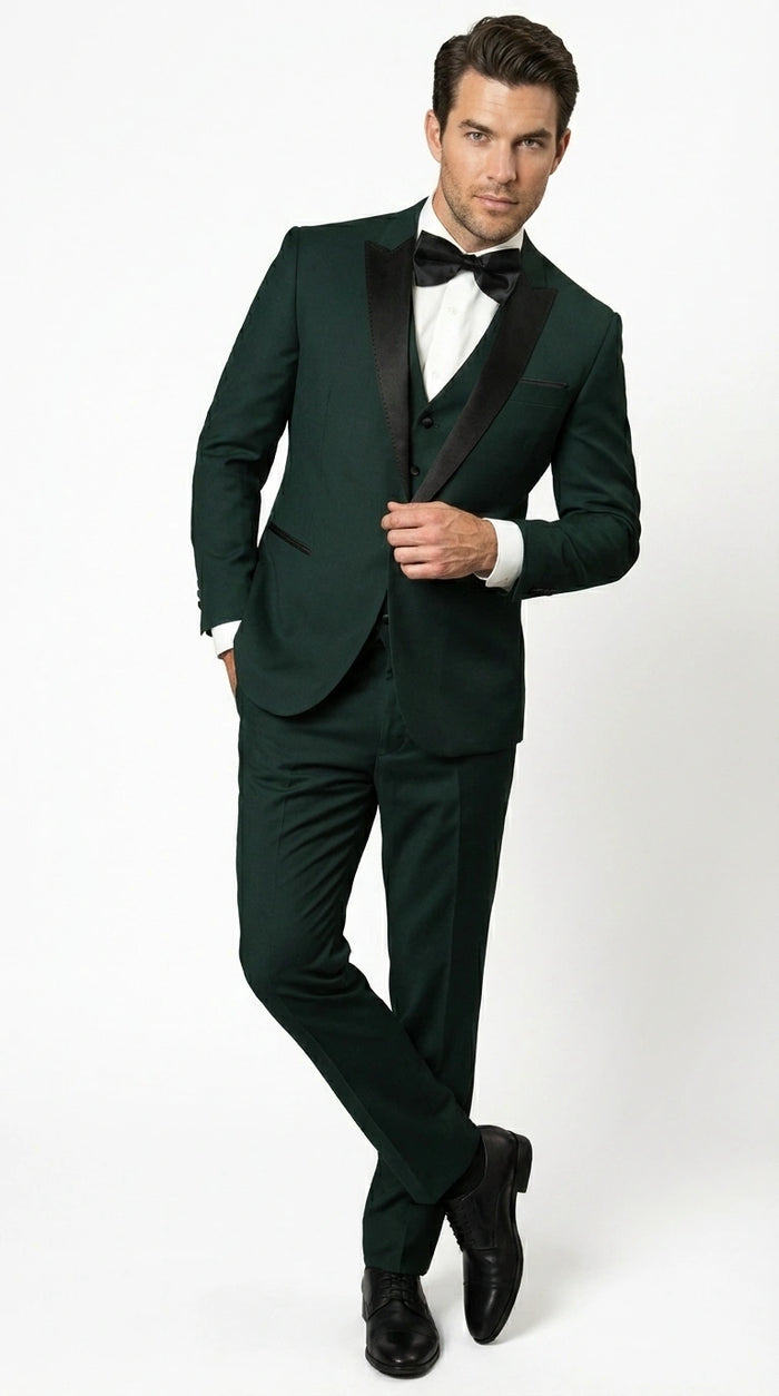 Men’s Hunter Green Tuxedo Suit 3 Piece – One Button Peak Lapel Designer Formal Suit for Wedding,  Light Weight Wool By Statement Dark Green