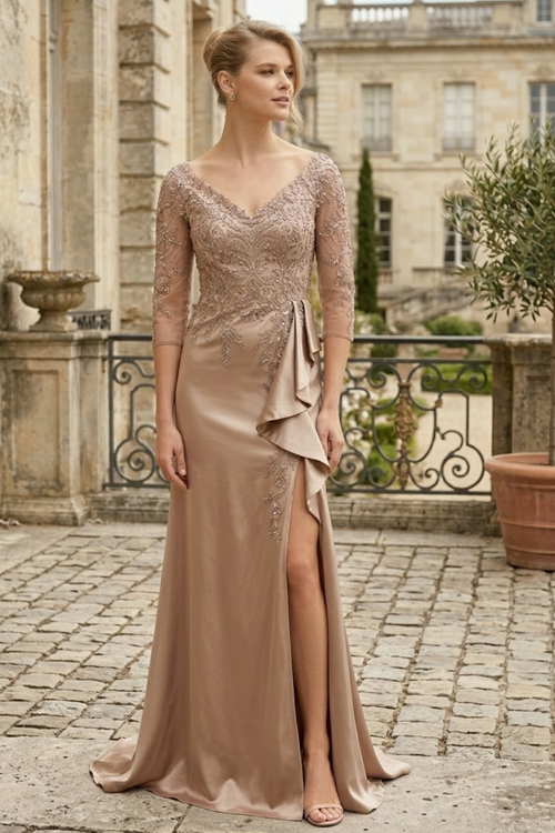 3/4 Sleeve Mother of the Bride Dress with Beaded Appliqués Formal Gown