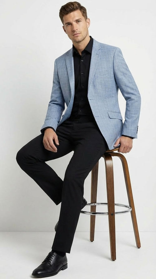 Men’s Big and Tall Light Blue Checkered Blazer and Sport Coat - Sky powder blue windowpane plaid pattern Jacket by USA Men's Outlet