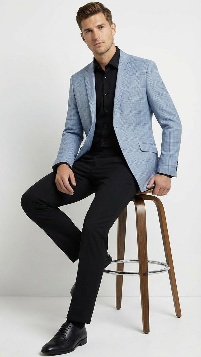 Men’s Big and Tall Light Blue Checkered Blazer and Sport Coat - Sky powder blue windowpane plaid pattern Jacket by USA Men's Outlet