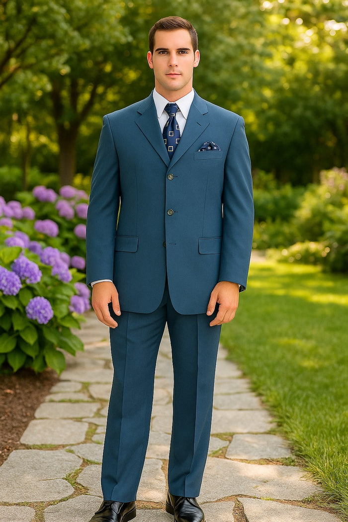 Mens Steel Blue 3-Button Classic Suit - Formal Business Attire with Vest, Tie and Pocket Square by USA Men's Outlet