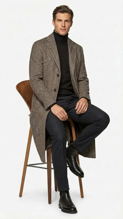 Men’s Black & Grey Herringbone Tweed Wool Blend Overcoat - Classic Single-Breasted Winter Blazer Carcoat by USA Men's Outlet