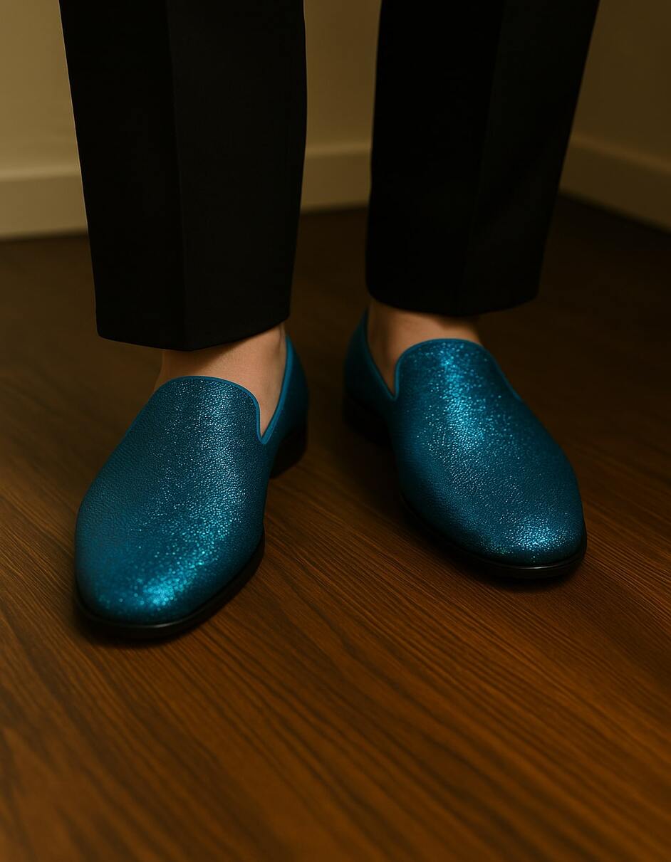 Men's Turquoise Blue Sequin Glitter Loafers - Sparkling Slip-On Party Dress Shoes for Prom, Weddings, and Nightlife by USA Men's Outlet
