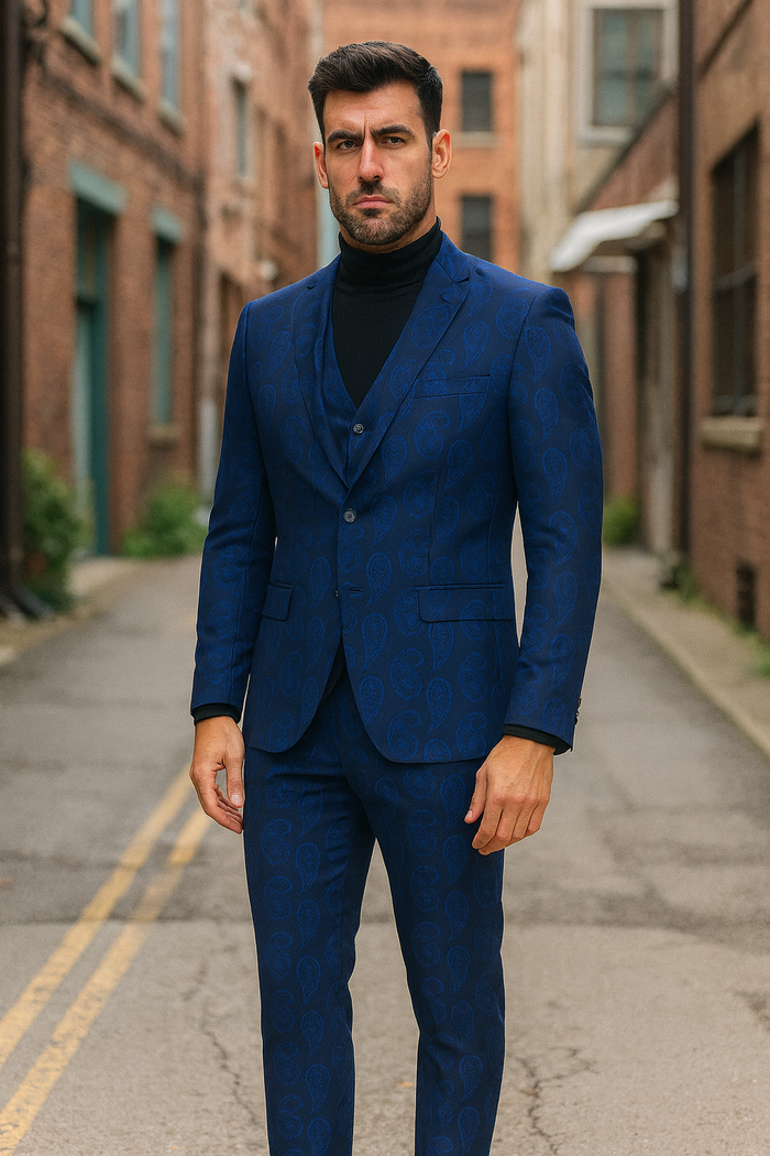 Men’s Sapphire Blue Paisley 3-Piece Suit - Slim Fit Designer Tuxedo Set for Weddings and Formal Events in Cobalt Blue Color by USA Men's Outlet