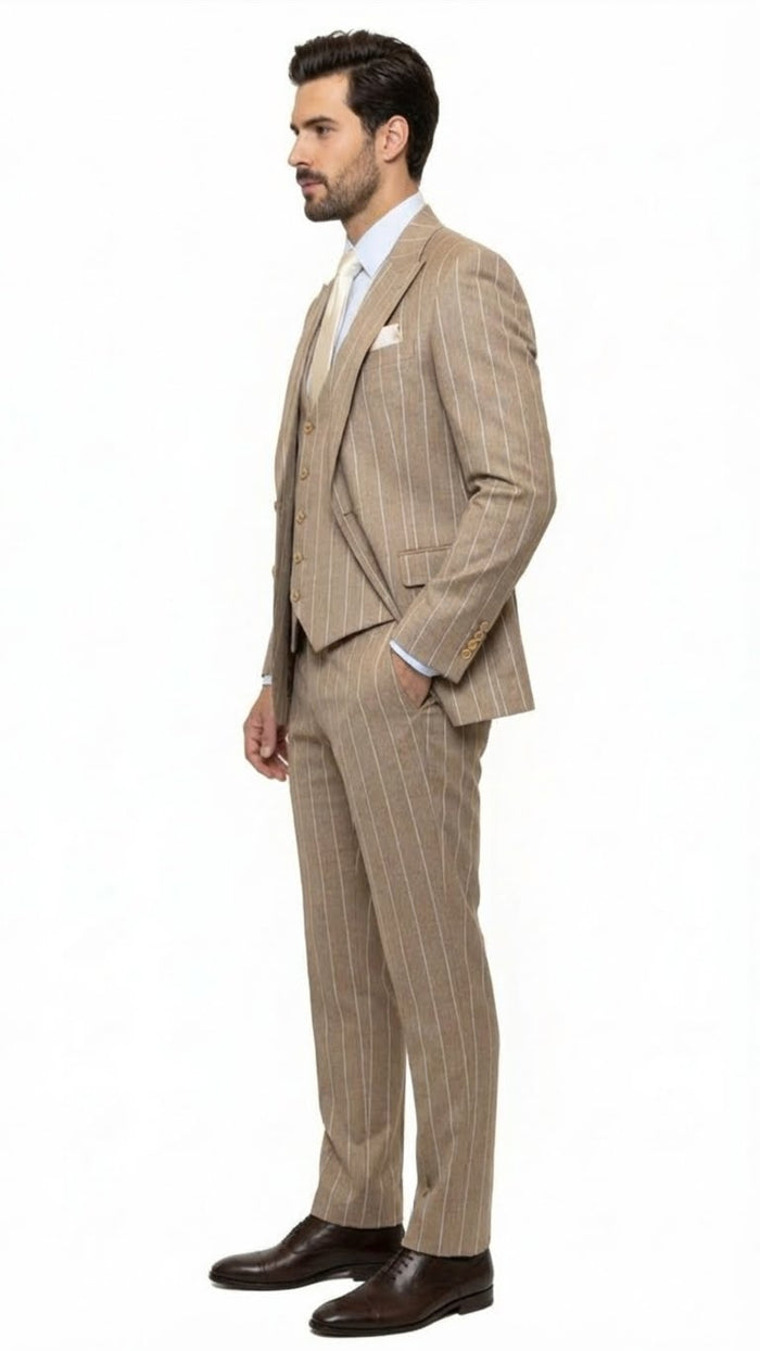 Men's Beige Pinstripe Three-Piece Vested Suit - Tailored Fit Business Attire in Tan Stripe by Rossiman USA Men's Outlet