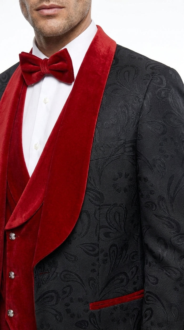 Men’s Black Paisley Tuxedo with Red Velvet Shawl Lapel – 3 Piece Wedding Prom Suit With Matching Bowtie