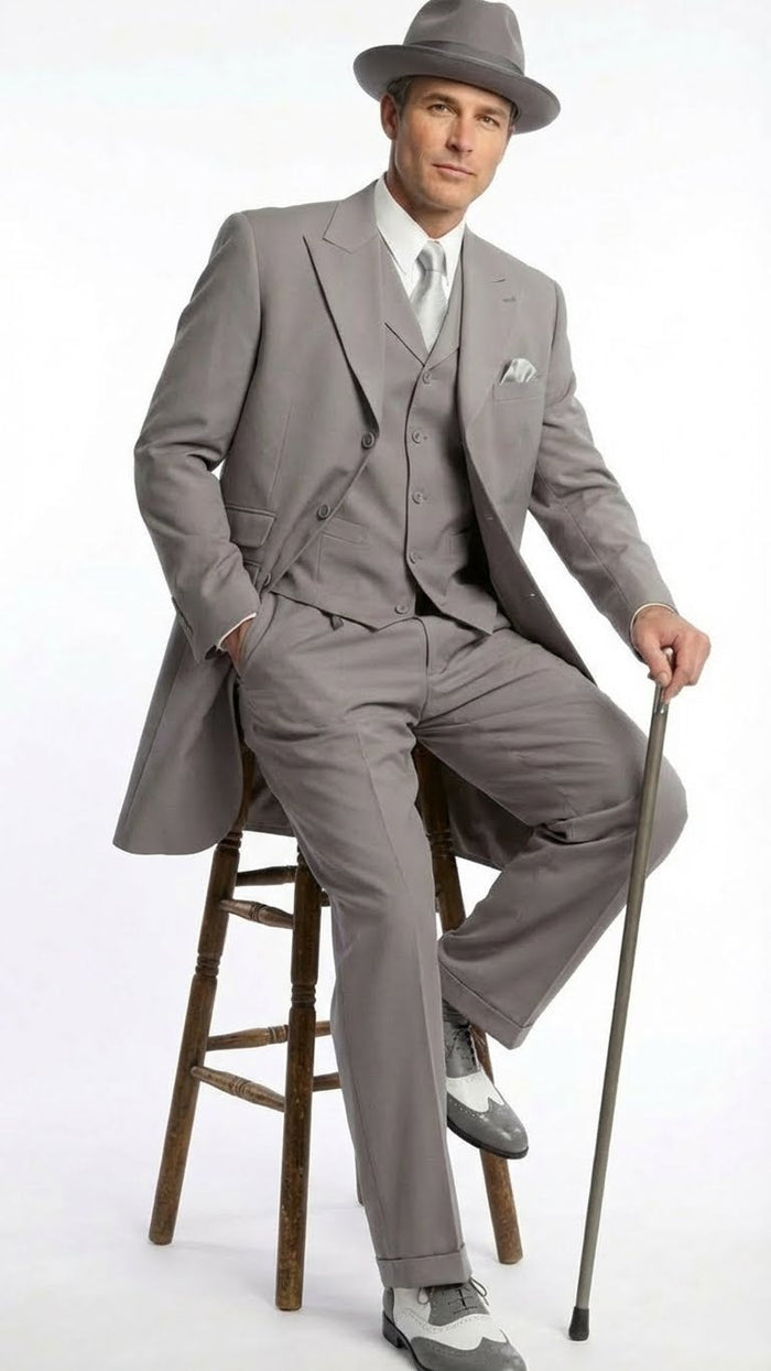Men’s Gray Zoot Suit with Matching Hat and 1920s Shoes - Grey Vintage Wedding and Party Three Piece Suit by USA Men's Outlet
