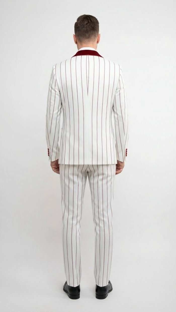 Men’s White and Dark Red Pinstripe Tuxedo with Velvet Shawl Lapel - Formal Dinner Blazer Prom Christmas New Year Holiday Suit by USA Men's Outlet