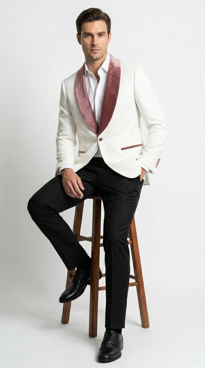Men’s Ivory and Rose gold Floral Blazer – Elegant Shawl Lapel Formal Blazer Jacket for Wedding, Party, Prom