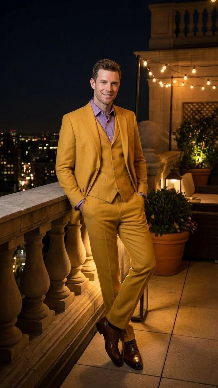 Men’s Mustard Yellow Three Piece Suit - 2 Button Notch Lapel Modern Fit in Gold Color - Church Suit by USA Men's Outlet