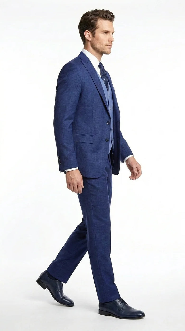 Vitali Men’s Navy Blue 3 Piece Suit with Light Blue Vest, Textured Formal Dress Suit for Weddings, Prom, Business Events, and Parties