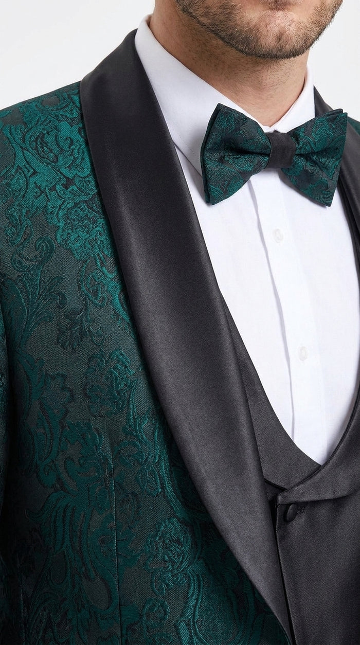 Tazzio Men’s Hunter Green & Black Paisley Tuxedo – Skinny Fit Shawl Collar 3-Piece Prom and Wedding Suit