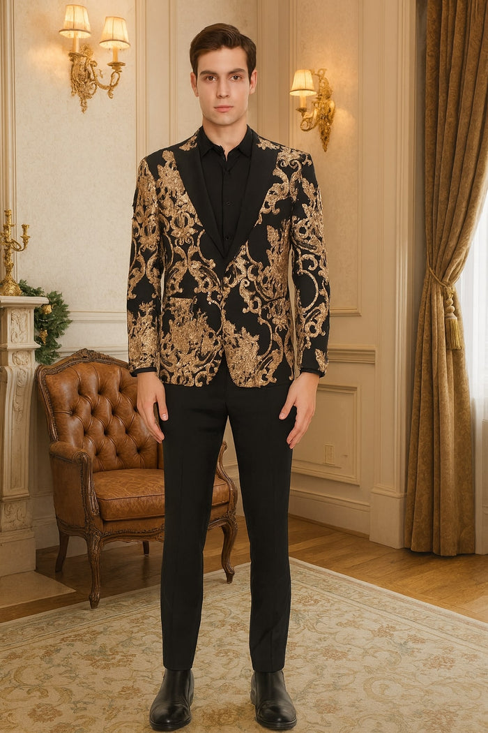 Mens Black and Rose Gold Floral Embroidered Blazer Suit Black Pants - Luxury Tuxedo Jacket for Weddings, Proms and Parties by USA Men's Outlet