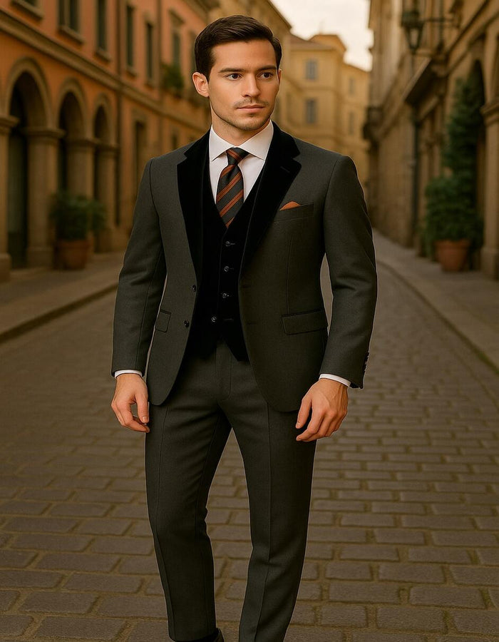 Men's Charcoal Gray 3-Piece Suit with Black Velvet Lapel - Formal Business and Wedding Attire - Gray Tuxedo by USA Men's Outlet