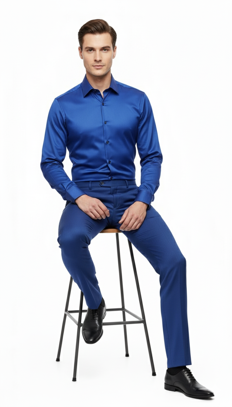 Men’s Royal Blue Satin Dress Shirt – Luxury Long Sleeve Formal Shirt for Parties, Weddings, and Business Wear