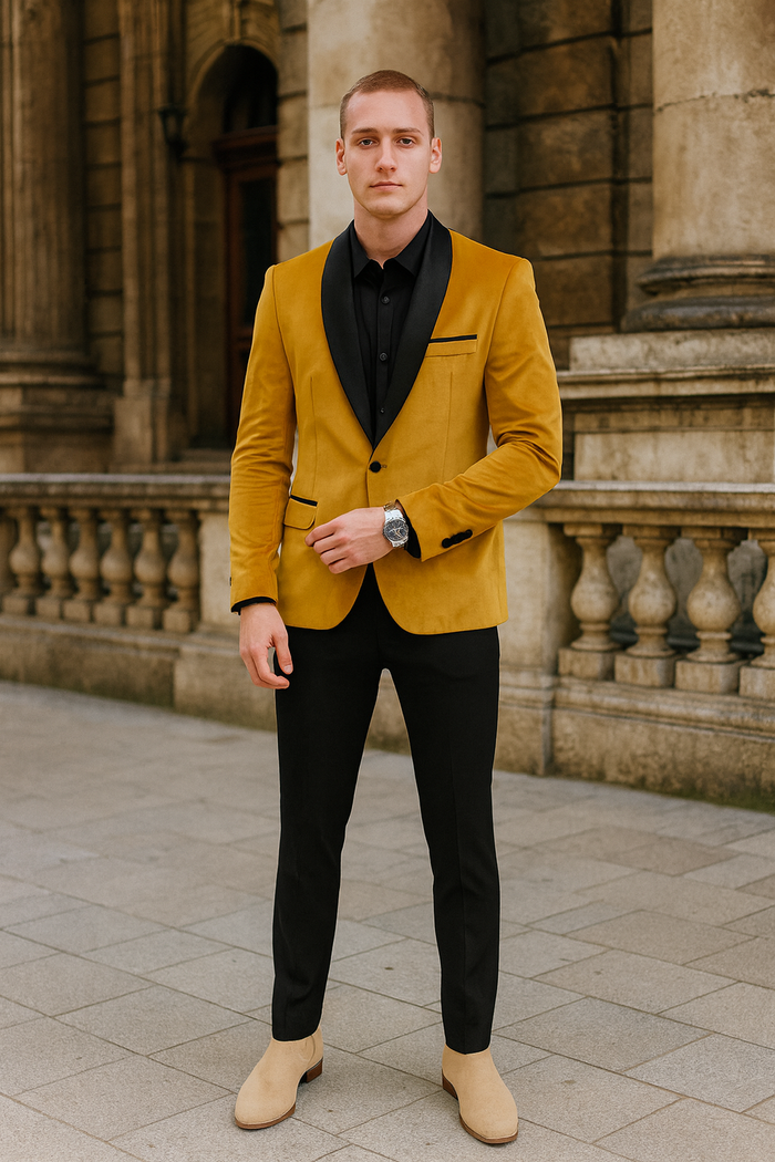 Men’s Mustard Gold Velvet Tuxedo Jacket - Slim Fit Dinner Blazer with Black Satin Shawl Lapel + Free Black Pants & Bowtie by USA Men's Outlet