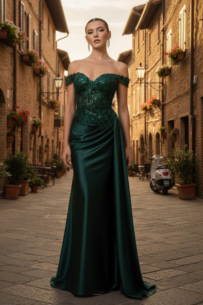 Off-Shoulder Sequin Applique Satin Evening Gown Formal Prom Dress By May Queen MQ2179