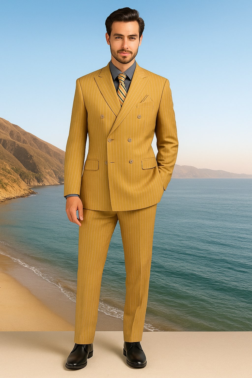 Mens Camel Tan Pinstripe Double-Breasted Suit – Bold 6-Button Modern Vintage Style