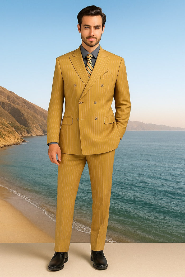 Mens Camel Tan Pinstripe Double-Breasted Suit - Bold 6-Button Modern Vintage Style by USA Men's Outlet