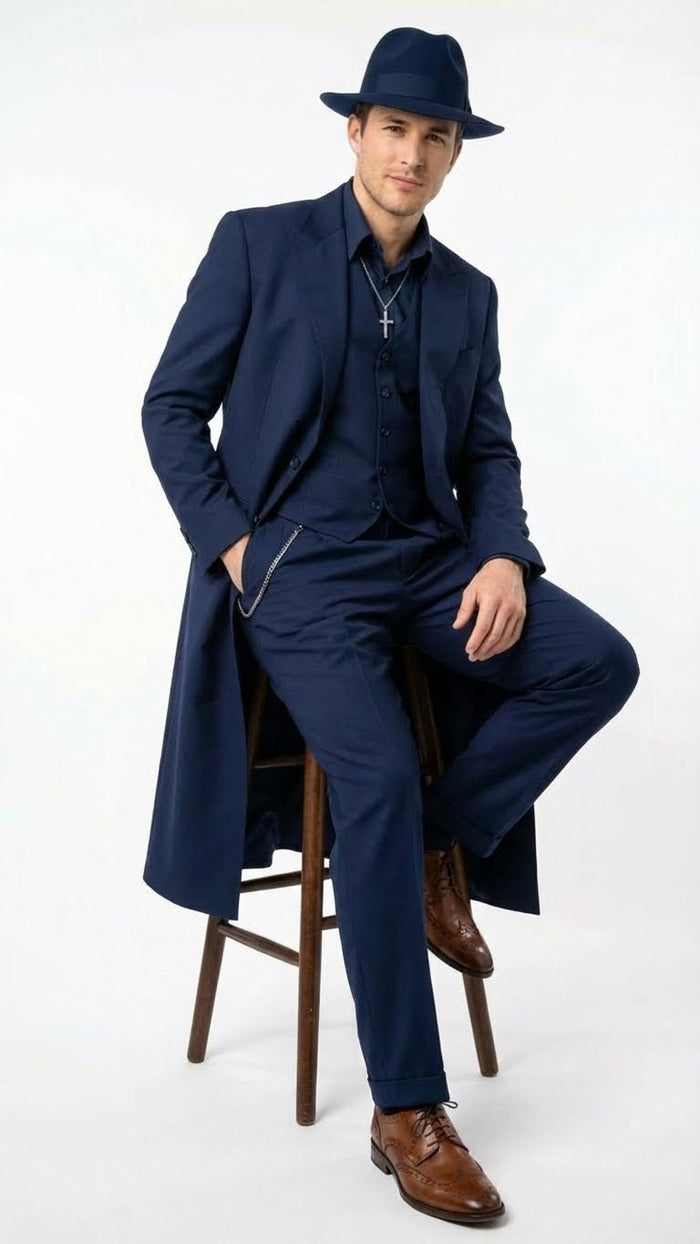 Men’s Navy Blue 1920s Zoot Suit - Long Mafia Gangster Three-Piece Vintage Costume Set Zuit Pachuco Style USA Men's Outlet