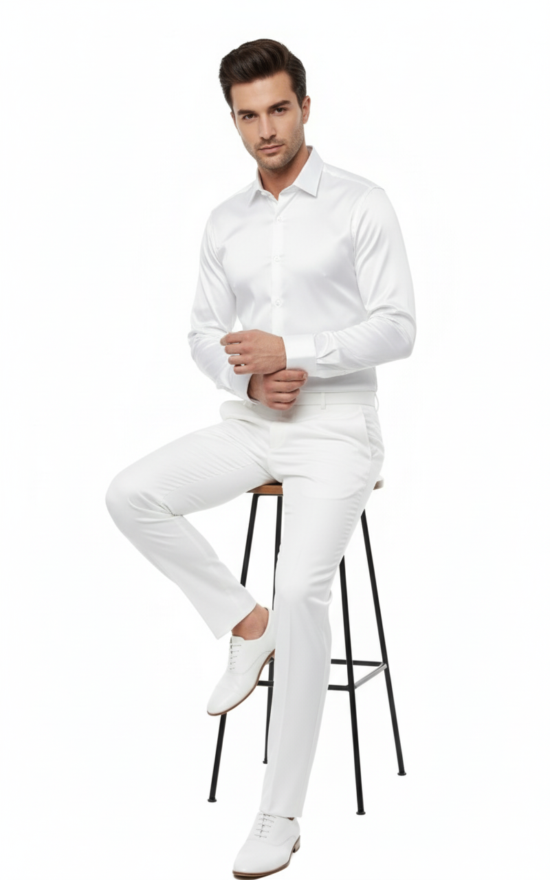 Men’s White Satin Dress Shirt - Classic Long Sleeve Formal Shirt for Weddings, Parties, and Business Wear by USA Men's Outlet
