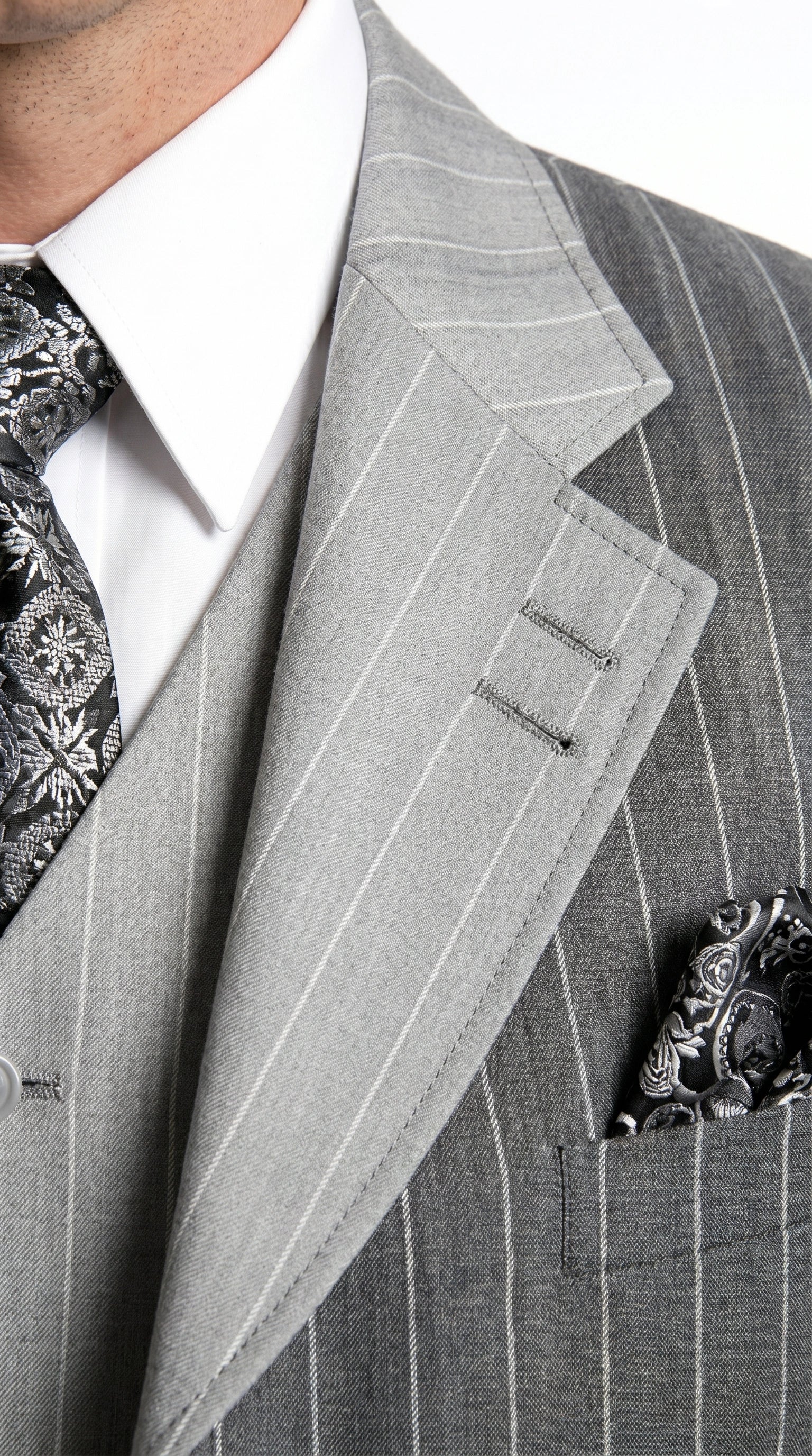 Men’s Grey Pinstripe 1920s Gangster 3 Piece Suit, Contrast Lapel Vintage Formal Suit for Parties, Prom, Weddings, and Theme Events