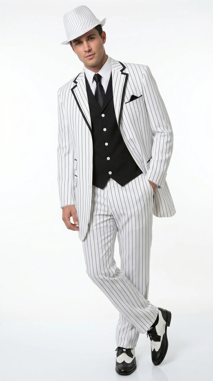 Men’s White Pinstripe 1920s Gangster 3 Piece Suit, Black Contrast Formal Costume Suit for Parties, Prom, Weddings, and Theme Events
