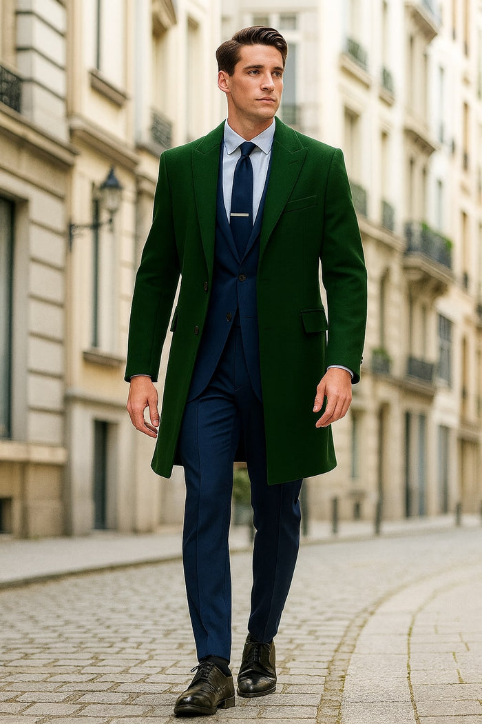 Mens Dark Green Wool Overcoat - Classic Long Coat for Formal and Casual Style by USA Men's Outlet