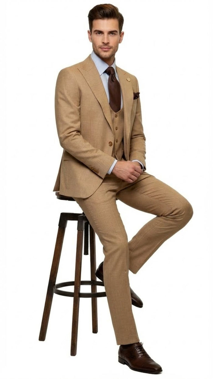 Men's Tan Three-Piece Suit with Vest - Classic Tailored Fit in camel khaki Bronze color By Rossiman USA Men's Outlet