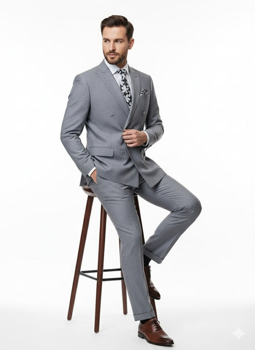 Mens Grey Tone on Tone Double-Breasted Suit – Classic Slim Fit 2 Piece Formal Business Gray Shadow Stripe