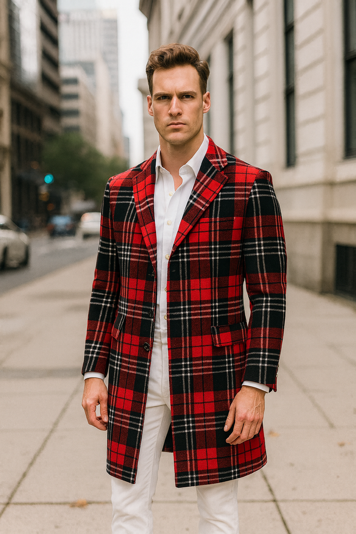 Men’s Red Plaid Wool Overcoat - Classic Tartan Check Long Coat for Stylish Winter Wear by USA Men's Outlet
