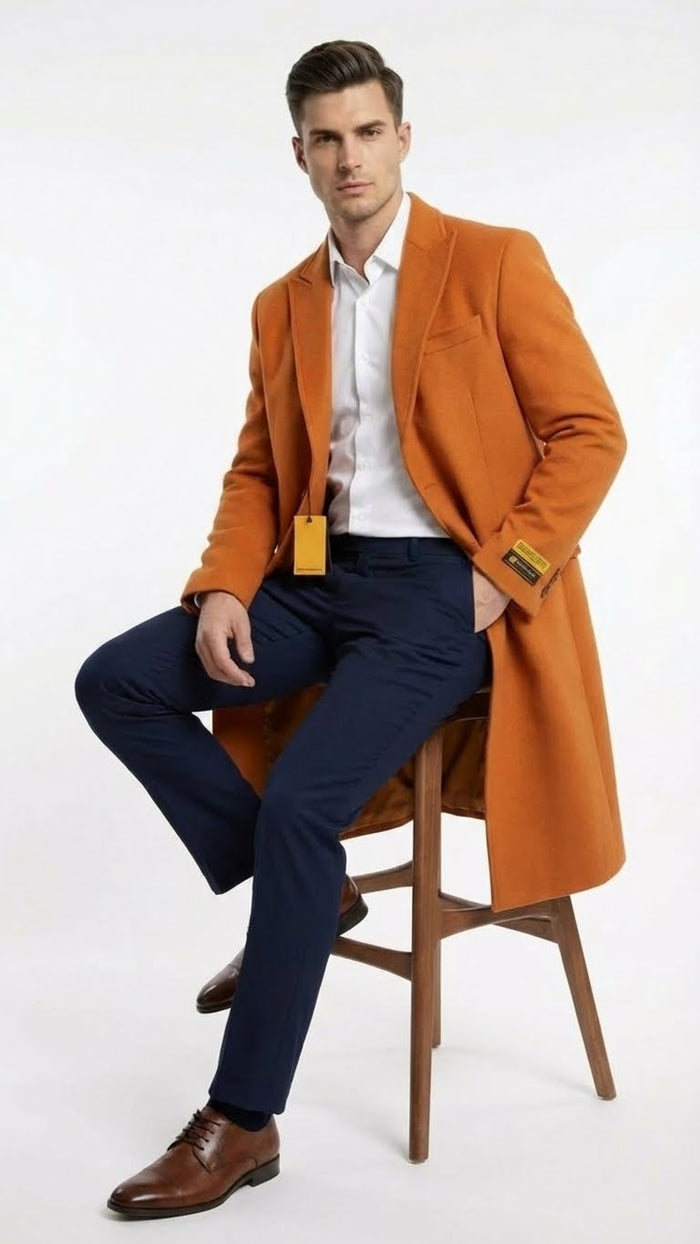 Men’s Orange - Rust Wool Blend Long Overcoat - Topcoat Carcoat Topcoat by USA Men's Outlet