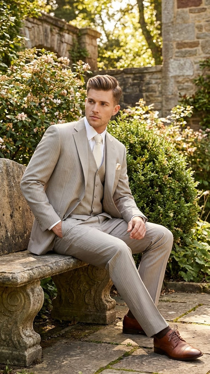 Men’s Light Tan Pinstripe 3 Piece Suit with Jacket, Vest, and Pants - Shadow Stripe Tone Tone Pleated Pants Classic by USA Men's Outlet