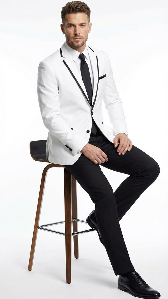 Men’s White Blazer with Black Trim - Wedding and Party Formal Blazer Jacket - White Tuxedo Prom Jacket by USA Men's Outlet