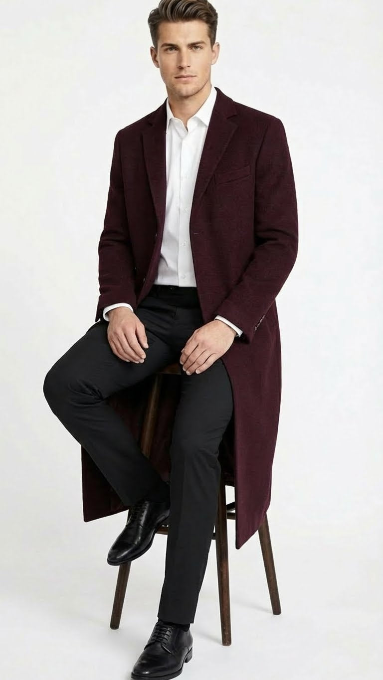 Men’s Burgundy Long Coat – Classic Fit Wool Blend Overcoat - Topcoat Full length