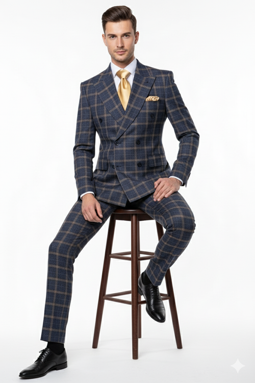 Men’s Navy and Tan Windowpane Double-Breasted Suit - Classic 2-Piece Plaid Dress Suit, Business, and Formal Events By Rossiman USA Men's Outlet